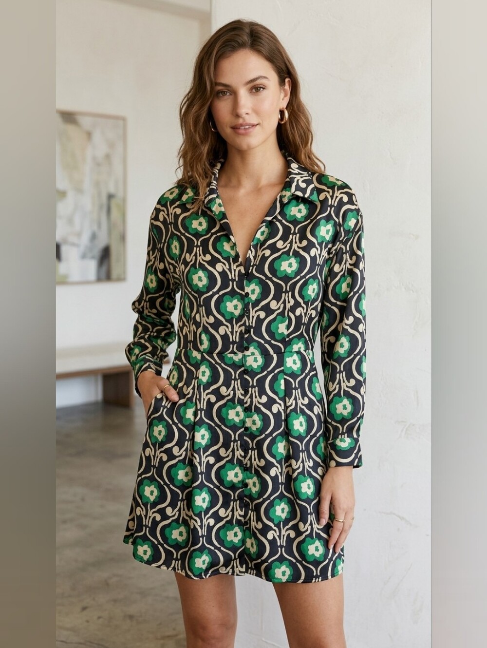 402. ZARA Retro Look Floral-Print Long-Sleeve Shirt Dress